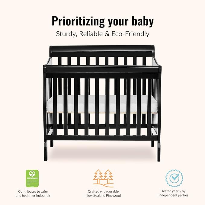 Dream On Me Aden 4-in-1 Convertible Mini Baby Crib in Black, GreenGuard Gold & JPMA, Sustainable Pinewood, Non-Toxic Finish, 3 Mattress Heights, Converts to Mini Day & Twin-Size Bed