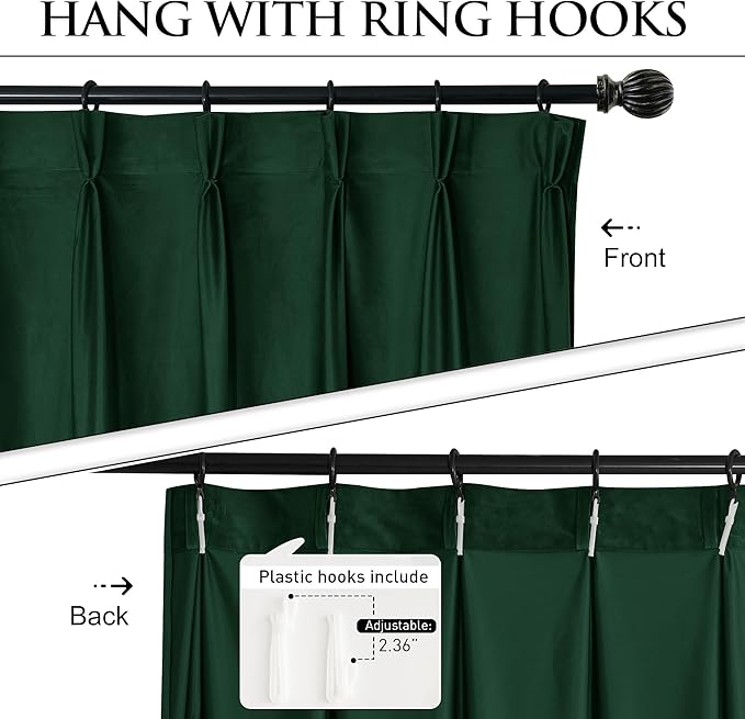 StangH Super Soft Velvet Pinch Pleated Curtains Dark Green Christmas Decor Living Room Drapes Heat & Cold Blocking Privacy Window Coverings for Sliding Door, W42 x L84, 2 Panels