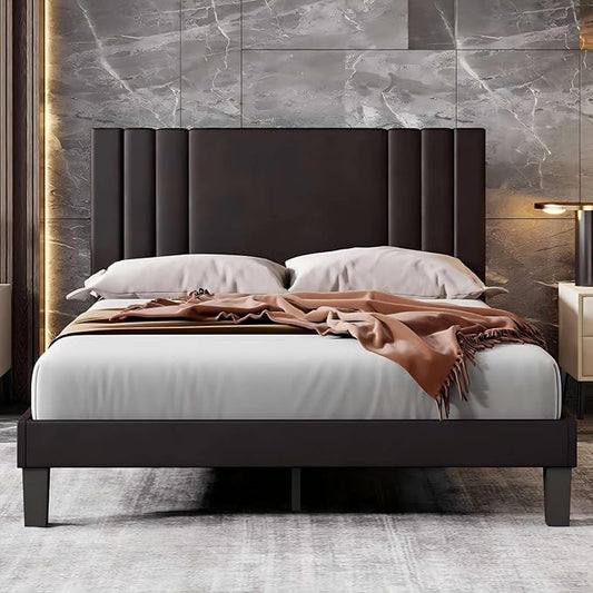 Tyndall Queen Size Bed Frame, Faux Leather Upholstered Platform with Headboard