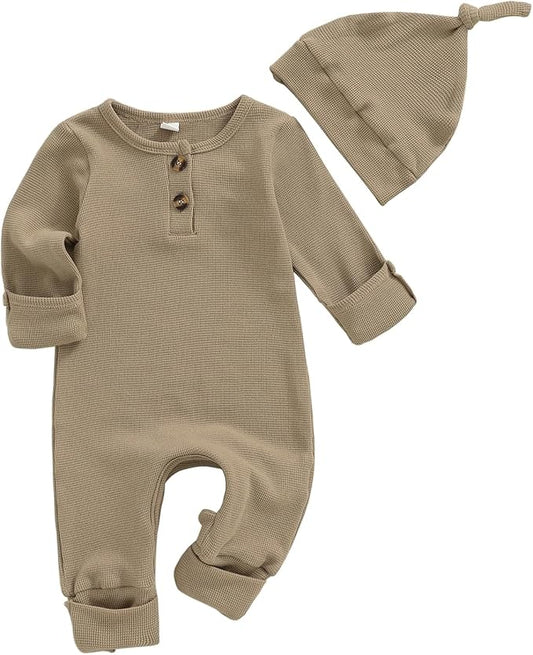 Newborn Knit Romper Hat 2 Pieces Button Up Footed Jumpsuit Baby Boy Clothes Photography Coming Home Outfit