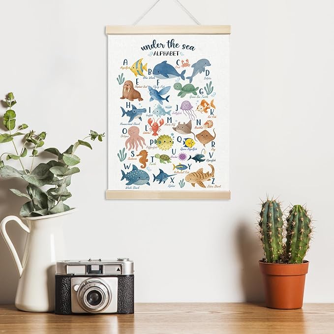 Voxitura Sea Animals Alphabet Poster Hanger Frame, Nursery Ocean Wall Decor Art Canvas for Playroom Kids Toddler Room Classroom, Cute Watercolor ABC Prints for Wall Hanging Decor Banner 12x16in