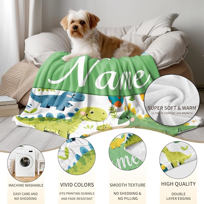 Ship Next Day, Custom Dinosaur Blanket - Printed in USA, Personalized Blankets with Name, Gift for Kids Boys Girls, Unique Present for Birthday, Christmas, Educational Blankets for Children