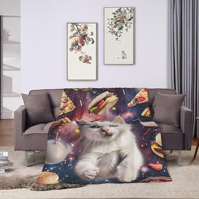 Cat Blanket Space Galaxy Throw Blanket Pizza Burger Flannel Stuff Animals Merch Cozy Decor Fleece Plush Fuzzy Warm Soft Lightweight Bedding Cats Lover Gifts for Men Women Girl Boy Couch 60"X50"