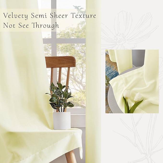 Melodieux Cream Yellow Velvety Semi Sheer Curtains 84 Inches Long for Bedroom, Living Room Natural Cotton Texture Rod Pocket Window Sheer Drapes, 52 by 84 Inch (2 Panels)