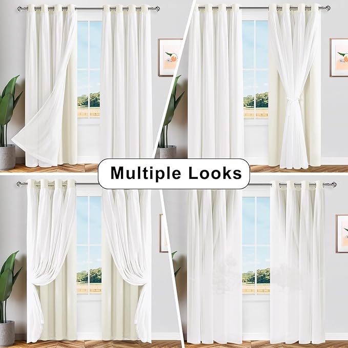Hiasan Ivory Blackout Curtains with Sheer Overlay, Grommet Thermal Insulated Mix & Match Double Layer Window Curtains for Girls Bedroom, Living Room, 2 Panels Sewn with Tiebacks, 52W X 63L