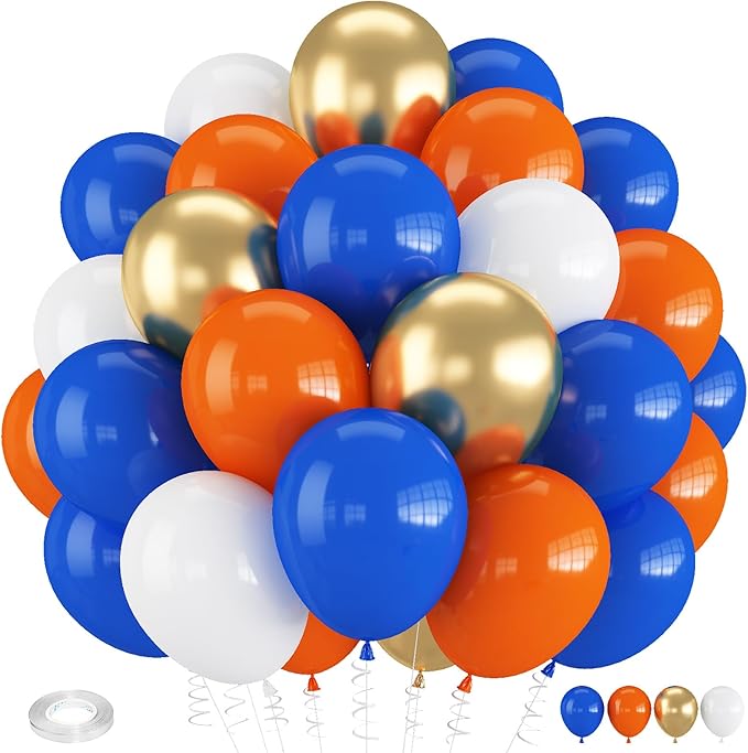 Orange and Blue Balloons, 60 PCS 12 Inch Royal Blue and Orange Gold White Balloons for Kids Boys Cartoon Party Graduation Baby Shower Thanksgiving Autumn Birthday Party Decorations