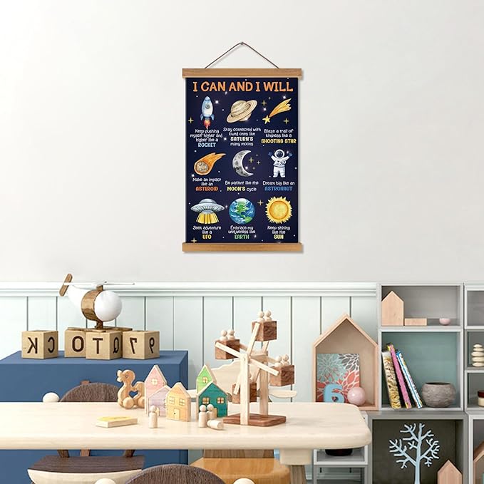 KAIRNE Outer Space Poster,I can I Will Positive Space Themed Decor,Rocket Prints Astronaut Hanging Canvas With Magnetic Hanger,Motivational Wall Art for Boys Room Bedroom Kids Classroom Decor