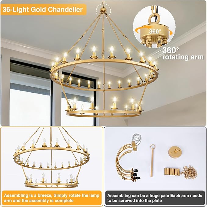 Wagon Wheel Chandelier, 2-Tier 36-Light Gold Large Modern Farmhouse Chandelier with Adjustable Height Island Light Fixture for High Ceiling Dining Room, Kitchen, Living Room, Entryways, Foyer