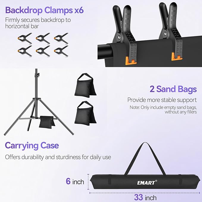 EMART 8.5X 10 ft Adjustable Photography Backdrop Stand Kit with 12x 10ft Black Curtain and Portable Large Format Screen with Polyester Material for Party, Live Game, Interviews, YouTube, TIK Tok