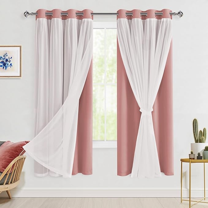 Hiasan Blackout Curtains with Sheer Overlay, Thermal Insulated Privacy Mix & Match Double Layer Window Curtains for Girls Bedroom, Living Room, 2 Drape Panels with Tiebacks,Dusty Rose, 52W X 63L