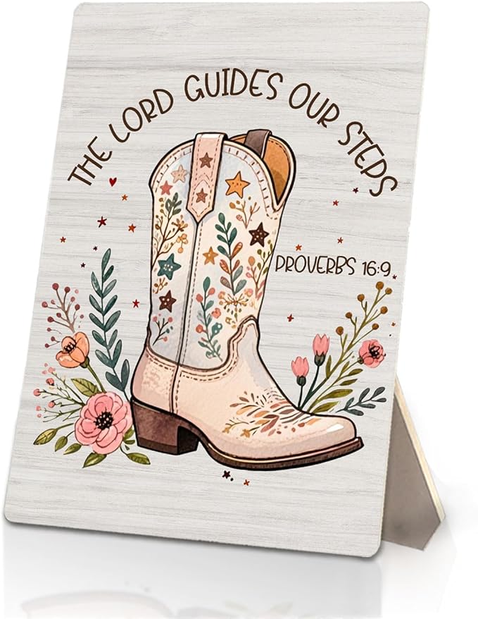 Western Christian Sign, Proverbs 16:9 Bible Verse Floral Cowgirl Boot Wooden Stand Sign 5x7 Inch, Western Religious Decorations for Girls Bedroom Dorm Home Church Desk Table Decor