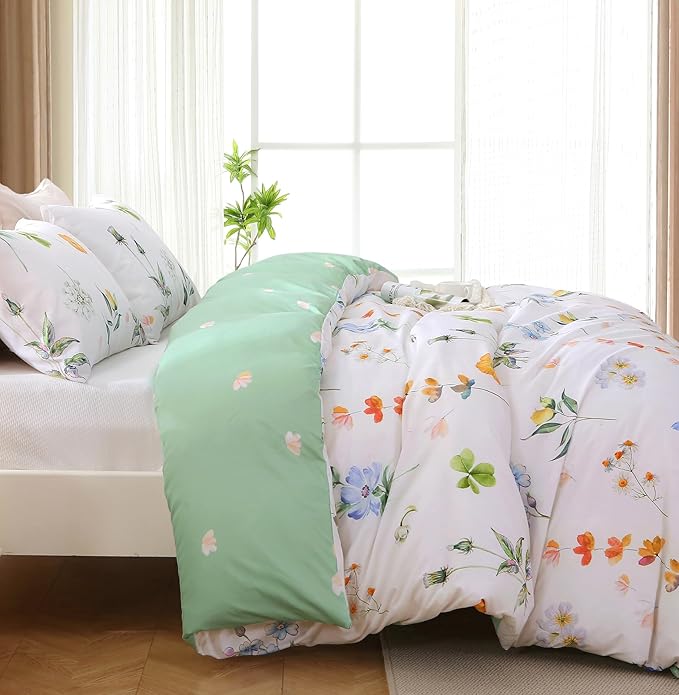 Duvet Cover King Size, Reversible Floral Multicolor Duvet Cover Set with Zipper Closure, 3 Pieces Botanical Patterns Soft Microfiber Bedding Set with 4 Ties (90"x104", 2 Pillow Cases)