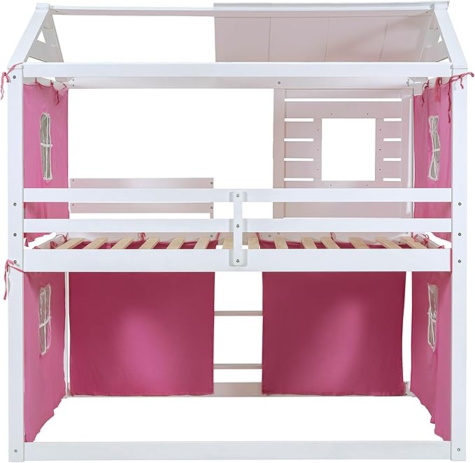Full Size House Bed Tent Bed with Windows for Kids Teens Boys Girls, Solid Wood Bunk Bed Frame with Guardrails, Versatile Spacious Under Bed Space with Curtains (Pink-Tent Full)