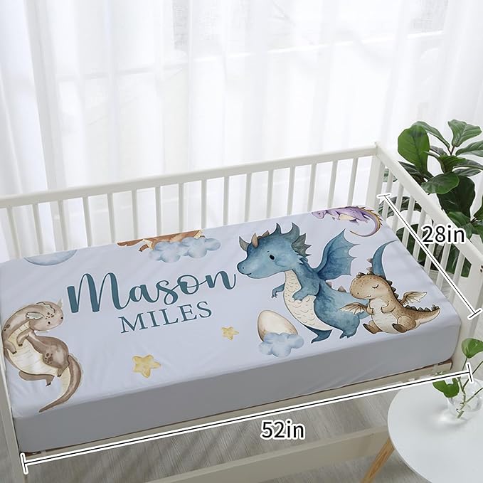 Custom Baby Crib Bedding Set - Blue Dinosaur Design Personalized Name Baby Nursery Bedding 3 Pcs Set - Chic Soft Blanket, Fitted Sheet, Room Rug for Newborns Boys Girls Gifts