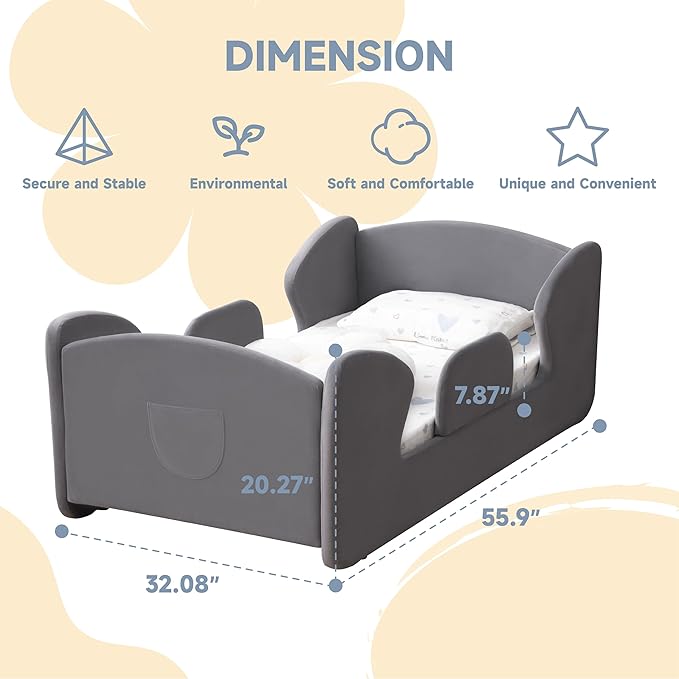 Toddler Floor Bed Frame with Removable Safety Rails and Storage Bag, Kids Bed for Girl and Boys, Standard Crib Size Portable Beds, Safety Upholstered Child Beds, Low to Floor Design