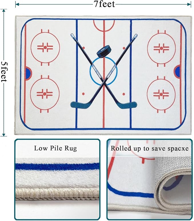 Hockey Rug 5x7 Washable Low Pile Non Slip Sports Rug for Boys Bedroom Decor, Hockey Room Area Rug Man Cave Carpet Mat