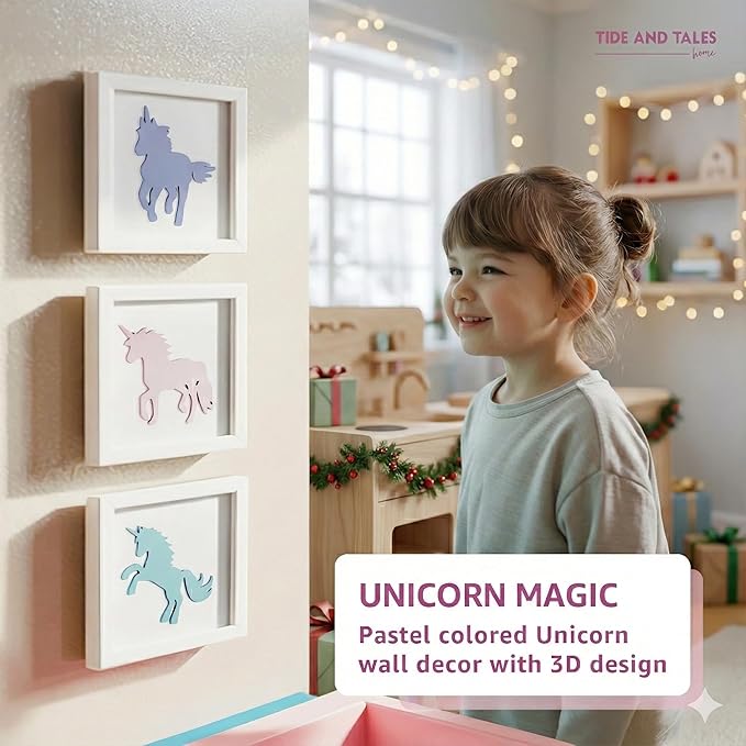 Tide and Tales Unicorn Wall Decor (Set of 3) 3D Framed Unicorn Bedroom Decor for Girls, Pastel Girls Room Decorations, White Wood Nursery Decorations Wall Art, Gift-Boxed