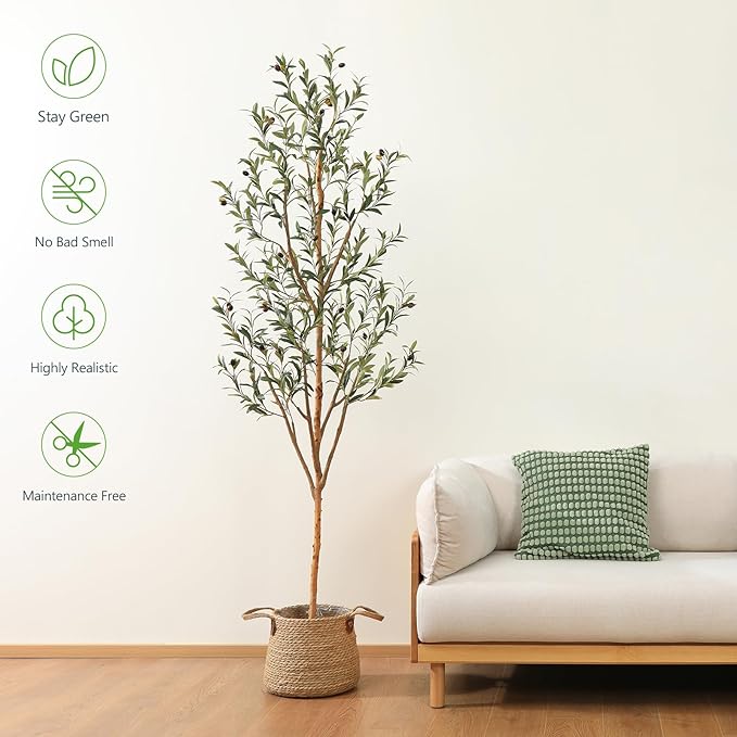 Kazeila Artificial Olive Tree 7FT Tall Faux Silk Plant for Home Office Decor Indoor Fake Potted Tree with Natural Wood Trunk and Lifelike Fruits, 2 Pack