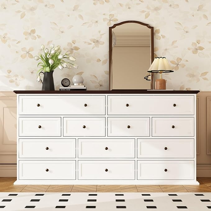 12 Drawer Dresser Chest of Drawers, White Dresser for Bedroom, Retro Wood Dressers with 12 Drawers, for Living Room Bedroom Hallway, White and Brown 15.7”D x 61”W x 31.5”H
