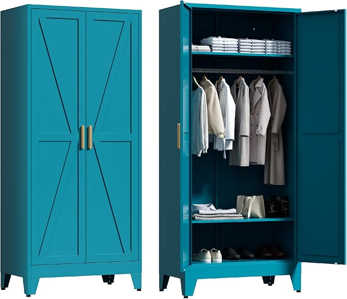 71'' Farmhouse Metal Wardrobe Cabinet with Hanging Rod, 2 Barn Door Wardrobe Closet with 2 Adjustable Shelves,for Dining Room,Bedroom,Living Room, Cloak Room,Office (Peacock Blue)