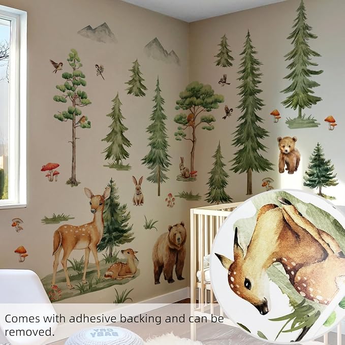 Forest Tree Wall Stickers for Kids Bedroom, Large Pine Tree Wall Art with Deer, Bear, Rabbit, Fox, Squirrel & Hedgehog, Wall Decals Peel and Stick Decal for Nursery Kids Room Décor