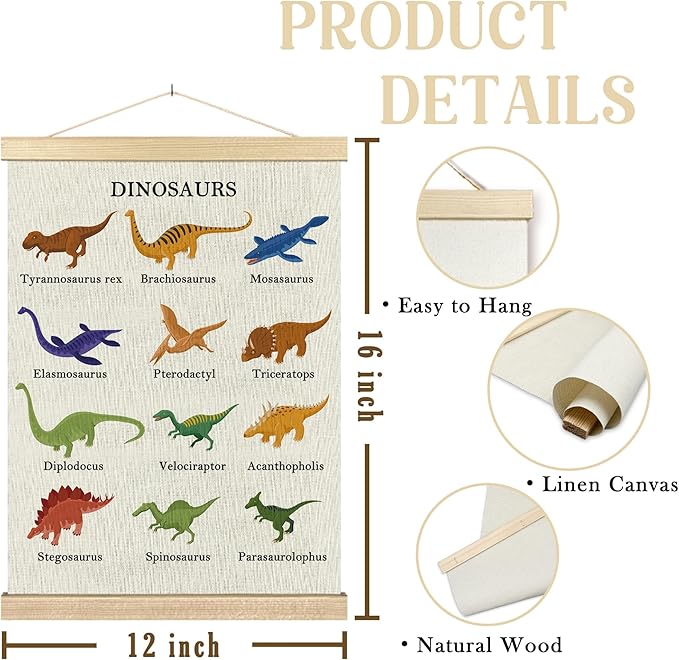 BCUANGD Dinosaur Dino Wall Decor - Baby Toddler Boys Room Wall Art Poster Hanger with Wood Frames, Inspirational Wall Hanging Canvas Decor for Kids Room Playroom Nursery Bedroom, 12x16 Inches