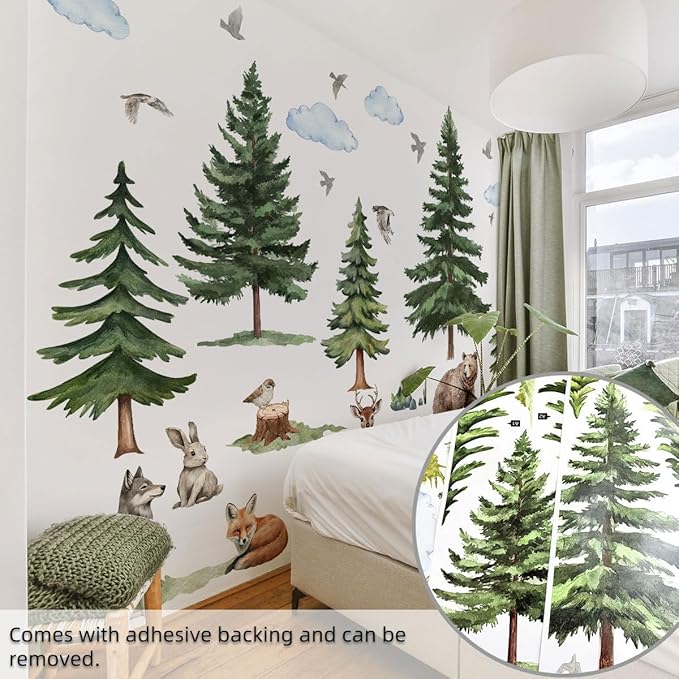 Mountain Tree Wall Stickers for Kids Bedroom, Large Pine Tree Wall Art with Deer, Bear, Rabbit, Fox, Wolf & Hedgehog, Wall Decals Peel and Stick Decal for Nursery Kids Room Décor