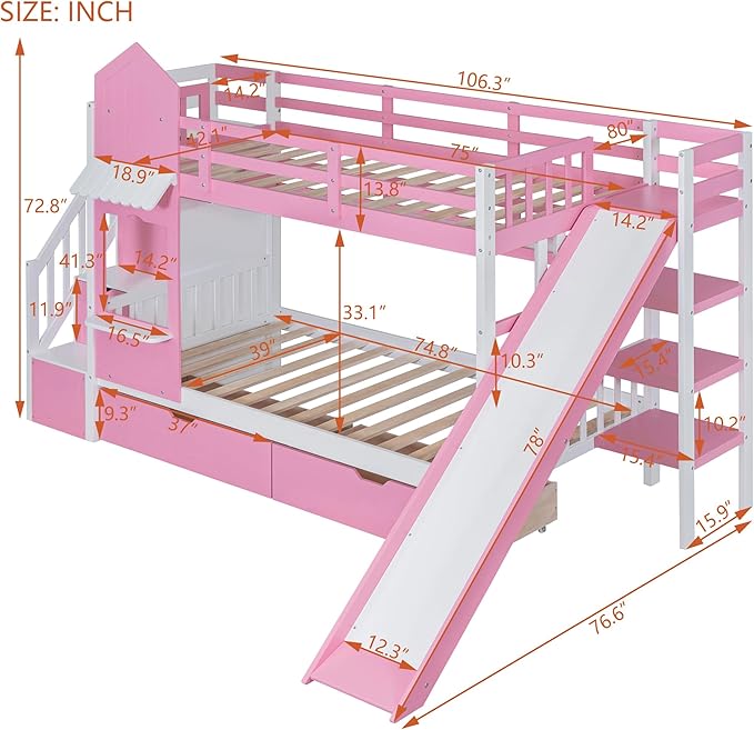 Twin-Over-Twin Castle Style Bunk Bed with 2 Drawers and 3 Shelves, Wood Bunk Bed Frame with Slide and Storage Staircase for Kids Teens Boys Girls, Maximize Space Savings