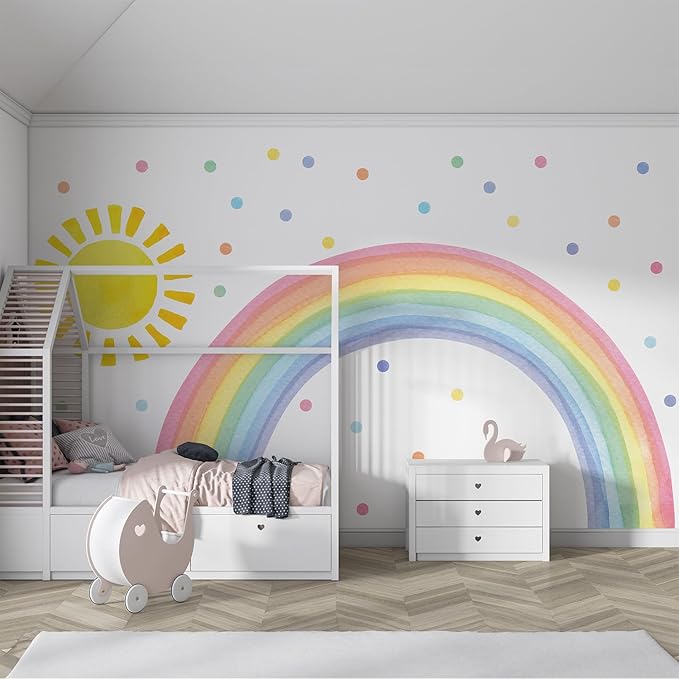 Watercolor Rainbow, Sun, Polka Dots Wall Decal for Kids Room, Nursery, Baby Room Decor, Polka Dots Mural, Rainbow Wallpaper (Rainbow-Sun-Polkadots, XXLarge)