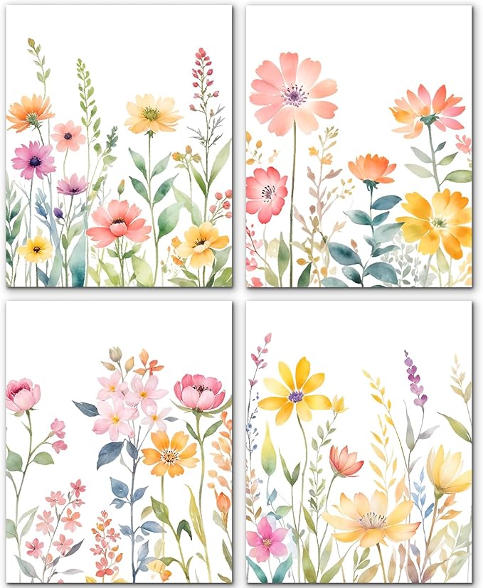 JINYO Watercolor Spring Flower Wall Art Prints Set of 4, Spring Wall Decor, Cottagecore Colorful Wildflower Floral Botanical Wall Decor Posters Pictures for Home Bedroom Living Room, 8x10 Unframed