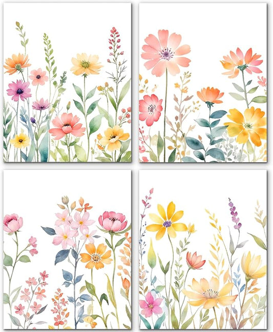 JINYO Watercolor Spring Flower Wall Art Prints Set of 4, Spring Wall Decor, Cottagecore Colorful Wildflower Floral Botanical Wall Decor Posters Pictures for Home Bedroom Living Room, 8x10 Unframed