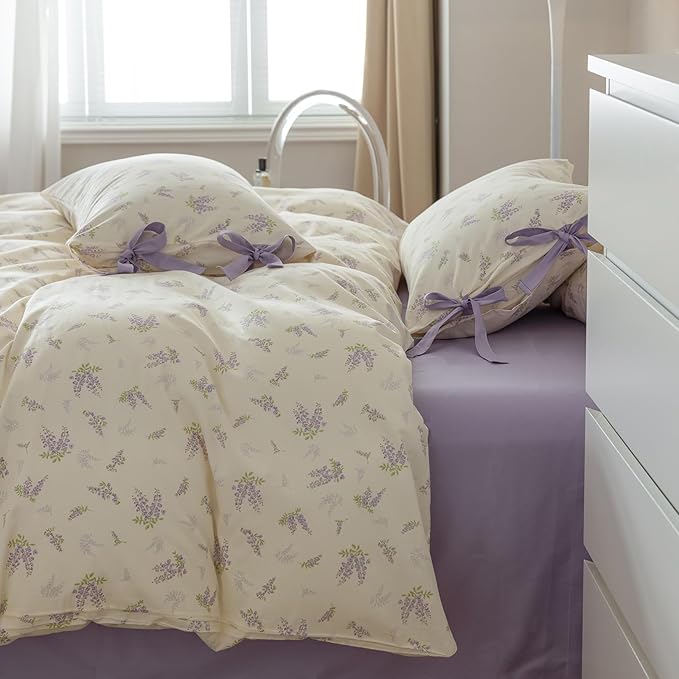 HighBuy Garden Floral Duvet Cover Twin with 2 Bowknot Bow Tie Pillowcases Coquette Aesthetic Comforter Cover Soft Cotton Botanical Boho Duvet Cover with Purple Flowers Country Style Bedding Set