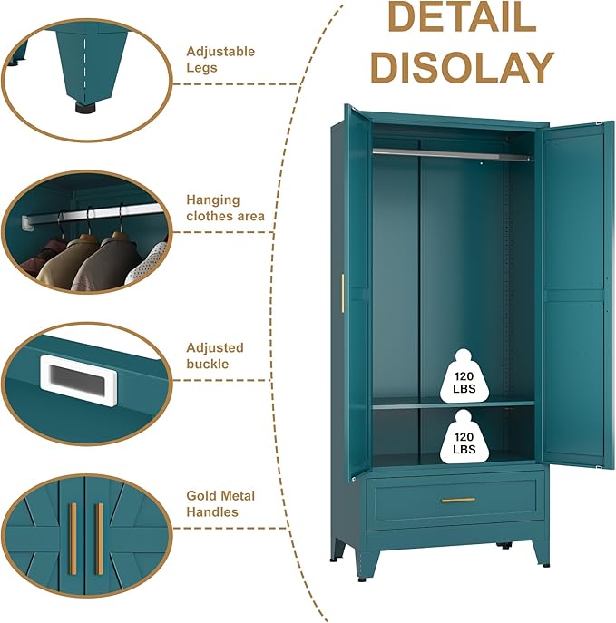 Metal Wardrobe Closet Cabinet with Drawers,71" H Large Bedroom Armoires with Shelves and Hanging Rod,Wardrobe Storage Cabinet with 2 Doors, 1 Adjustable Shelf and Drawers (1Drawer, Blue)