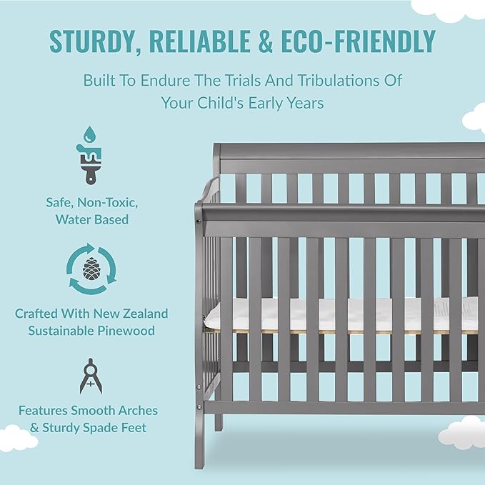 Dream On Me Jayden 4‑in‑1 Mini Convertible Baby Crib & Changer with Storage, Steel Grey, Pinewood, GreenGuard Gold & JPMA, 1” Mattress Pad, 3 Mattress Heights, Converts to Mini Day & Twin-Size Bed