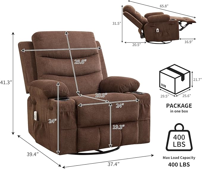 Recliner Chair Nursery, Oversized Manual Reclining Rocking Chair, 360 Swivel Glider with Cup Holder, Massage and Heat Recliner, Indoor Small Single Sofa Chairs for Adults, RV, Bedroom, Linen Brown