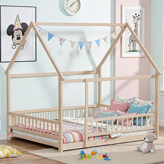 LLS Queen Size Montessori Floor Bed Frame with Slats and Fence, Wooden House Bed for Boys Girls Bedroom, Natural
