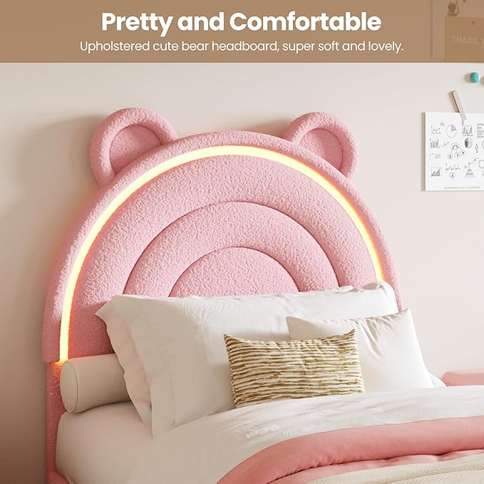 Garvee Princess Twin Size Bed Frame with 2 Storage Drawers & LED Lights, Velvet Upholstered Platform Bed with Rainbow Headboard for Kids/Girls, Solid Wood Slats Support, No Box Spring Needed, Pink