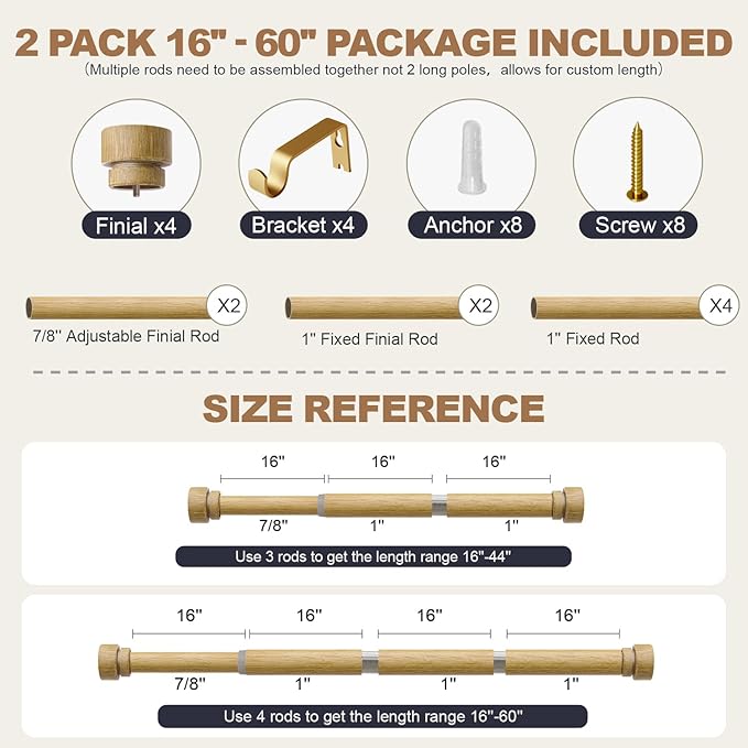 2 Pack Natural Light Wood Grain Curtain Rods for Windows 28 to 48 Inches 1" Diameter Heavy Duty Window Curtain Rod Adjustable with Solid Finials for Living Room Bedroom Kitchen Farmhouse Outdoor