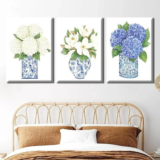 LUHDFYS Blue White Willow Style Ginger Jar Watercolor Chinoiserie Decor Canvas Painting Orchid Oriental Vase Porcelain Flower Jar Prints Wrapped Canvas (12x16Inch Wrapped Canvas)
