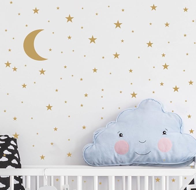 Moon and Stars Wall Decal Vinyl Sticker for Kids Boy Girls Baby Room Decoration Good Night Nursery Wall Decor Home House Bedroom Design YMX16 (Matte Gold)