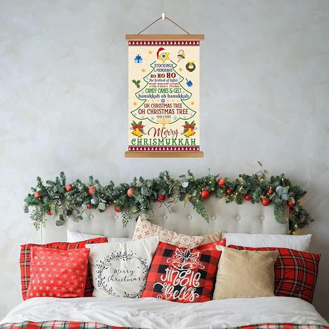 KAIRNE Merry Christmas Wall Art,Colorful Christmas Tree Poster(13.7X22 inch),Hanukkah Wall Decor with Wood Magnetic Hanger,Christmas Gifts for Holiday Party Living Room Bedroom Office Coffee Decor