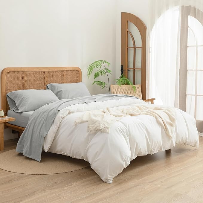 BESTOUCH Sheet Set 100% Washed Cotton Linen Feel Super Soft Comfortable Chic Lightweight 4 Pcs Home Bedding Set Solid Northern Droplet Grey Queen