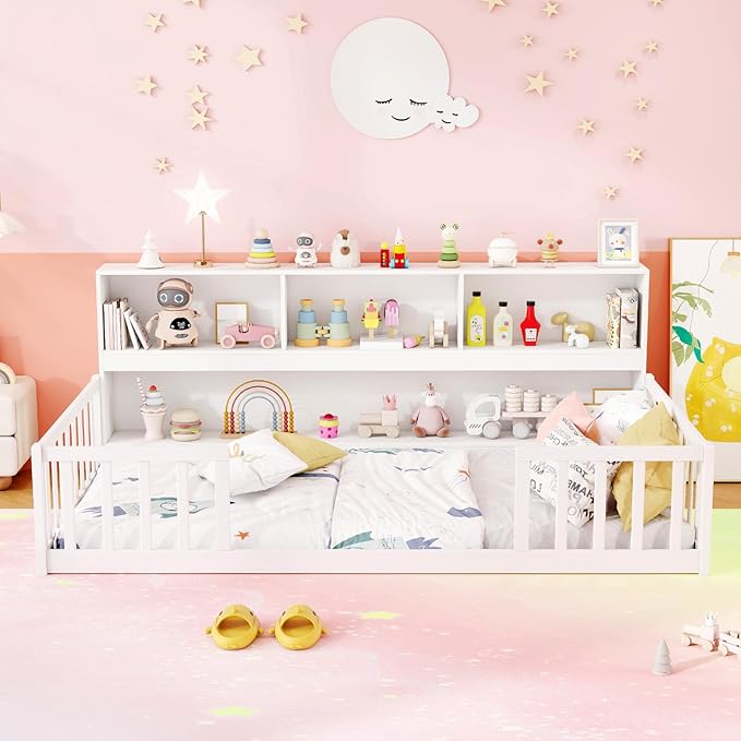 KOMFOTT Twin Floor Bed with Bookcase & Shelves, Wood Bed Frame with Bedside Bookshelves & Guardrails, Versatile 2-in-1 Montessori Floor Bed for Kids (White)