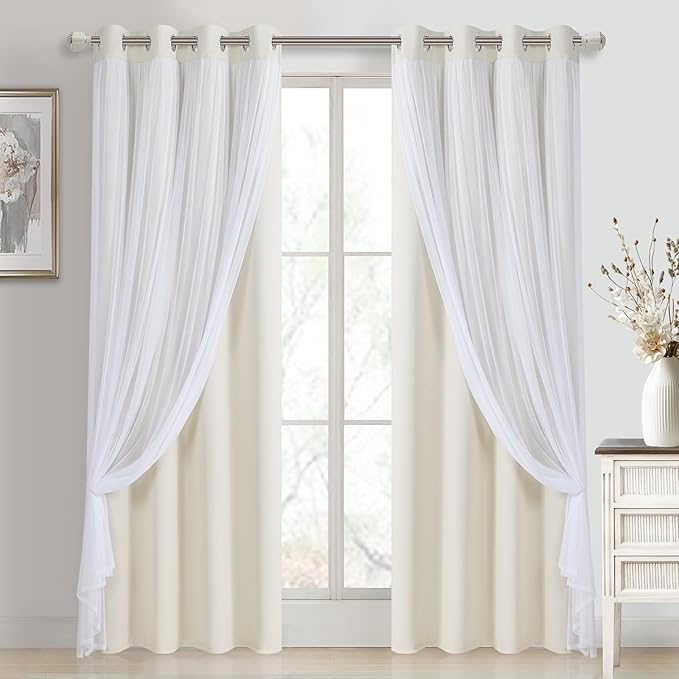 DWCN Blackout and Sheer Curtains with Tiebacks Layered Curtains for Living Room Grommet Top Window Curtain Panels with Sheer Overlay, 52 W by 84 L, Ivory, 2 Pieces