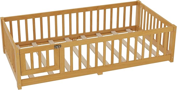 Harper & Bright Designs Twin Floor Bed Frame with Safety High Fence, Wood Montessori Bed with Door, Twin Size Floor Beds with Solid Wood Support Slats for Boys, Girls, Kids, Natural