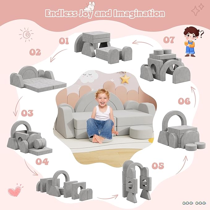 12 PCS Modular Kids Play Block Couch Child Sectional Sofa Toddler Building Fortplay Bedroom Playroom Baby Convertible Floor Foam Cushion for Boys & Girls (Light Gray-Double)