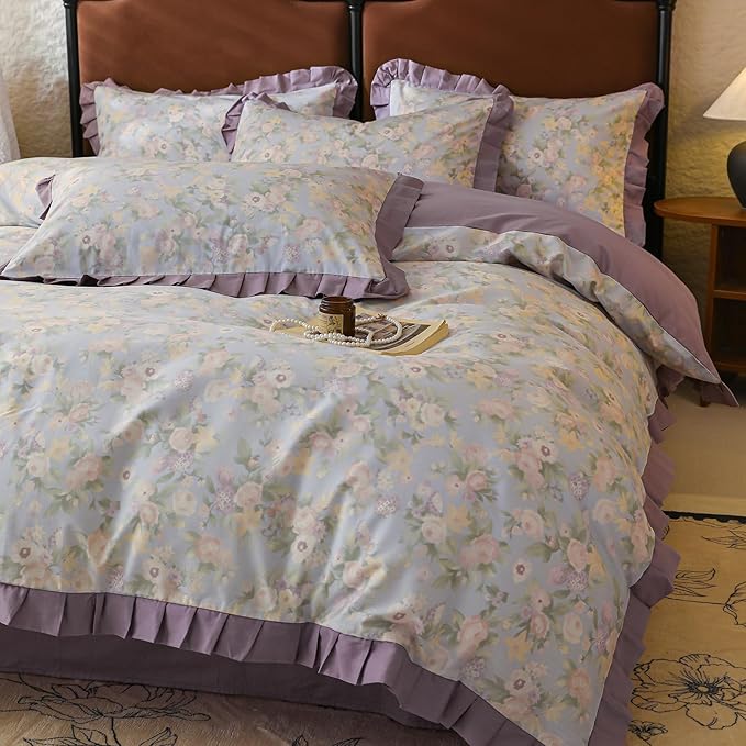 Garden Style Flower Duvet Cover with Purple Ruffles Vintage Floral Duvet Cover 100% Cotton Princess Lace Bedding Set Botanical Flower Comforter Cover Boho Cottagecore Bedding Cover with Zipper Ties