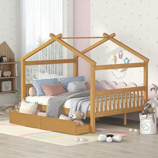 Merax Full Size Wooden House Bed with Two Drawers, Wood Bed Frame with Roof for Kids, Teens, Boys or Girls, Natural