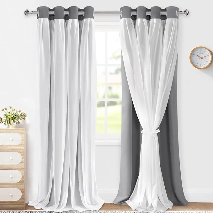 XWZO 100% Blackout Double Layer Curtains, Blackout Curtains with Sheer Overlay for Living Room, Children's Room, Grommet Thermal Insulated Privacy Curtains with Tiebacks, 2 Panels, 52x96, Grey
