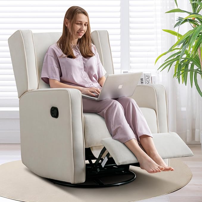 CANMOV Swivel Rocker Recliner Chair, Rocking Chair Nursery Glider Recliner, Manual Glider Chair for Nursery, White
